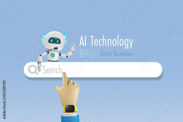 Fototapeta Hand touch web searching bar with AI chat robot Artificial Intelligence innovation technology provide smart information and solution in research and development. Vector.