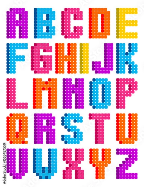 Obraz Colorful pixel bead alphabet vector design, featuring A to Z capital letters in vibrant backgrounds. Perfect for educational materials, kids crafts, games, and playful graphic projects.