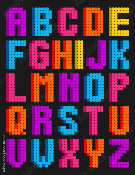 Obraz Colorful pixel bead alphabet vector design, featuring A to Z capital letters in vibrant backgrounds. Perfect for educational materials, kids crafts, games, and playful graphic projects.
