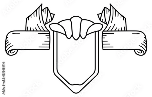 Obraz A knight's shield with ribbon on the sides. Line icon in heraldic style. Security protection emblem empty banner. Black and white outline of the icon Vector insignia