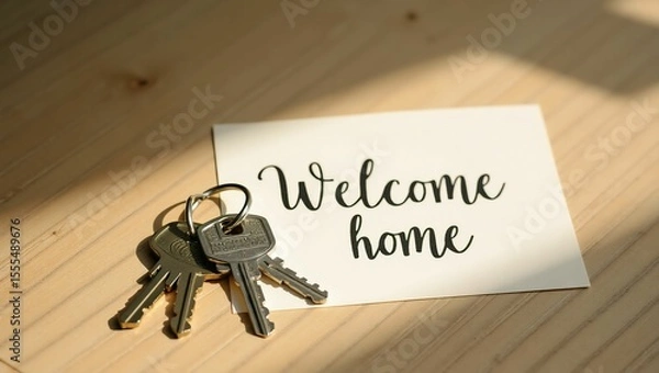 Fototapeta Welcome home keys and a card on a table