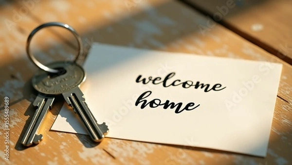Fototapeta Welcome home keys and a card on a table