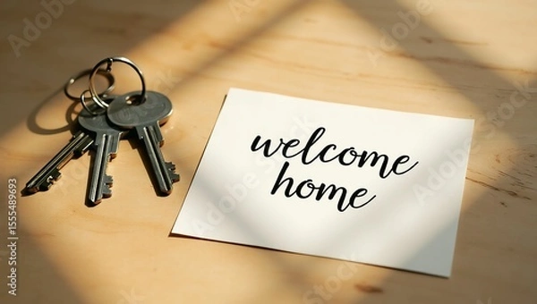 Fototapeta Welcome home keys and a card on a table
