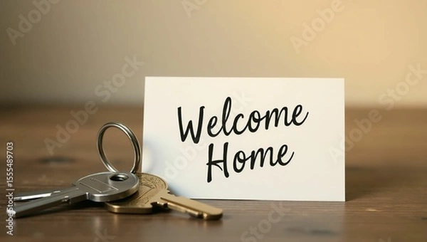Fototapeta Welcome home keys and a card on a table