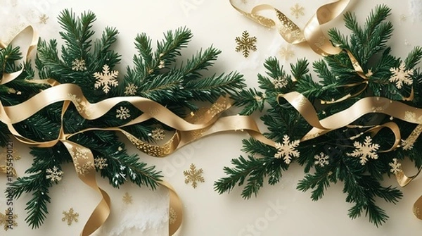 Fototapeta Elegant new year banner with fir branches and golden