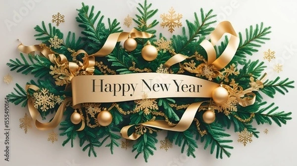 Fototapeta Elegant new year banner with fir branches and golden