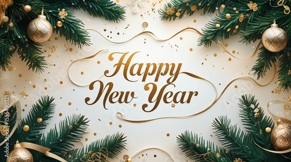 Fototapeta Elegant new year banner with fir branches and golden