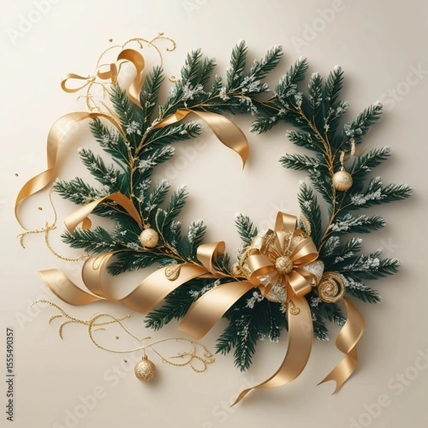Fototapeta Elegant new year banner with fir branches and golden