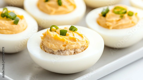 Obraz Delicious, creamy deviled eggs garnished with fresh chives, perfect for appetizers and gatherings.