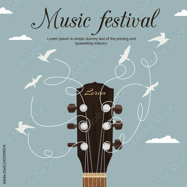 Fototapeta Guitar neck with strings turn into white birds in blue sky. Music festival flyer