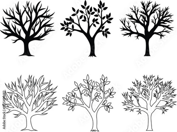 Fototapeta Tree icons collection. Includes minimal silhouette, flat design, and outlined trees for environmental design.