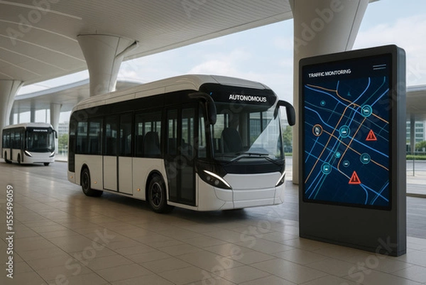 Obraz Autonomous buses at modern transportation hub with digital traffic monitoring display, showcasing advanced technology and innovation in public transport