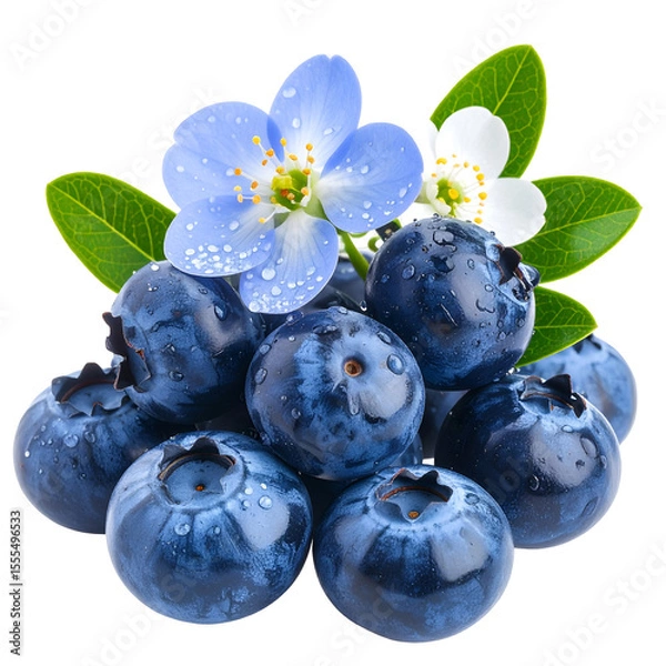 Fototapeta Fresh blueberries with blue and white flowers, illustrating the beauty of nature's gifts. The scene is simple, focusing on the vivid color and freshness, isolated on transparent background