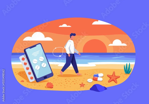 Fototapeta Beach scene with a man phone with pills on its screen a tablet and pills on sand with ocean sunset clouds starfish shell and rock