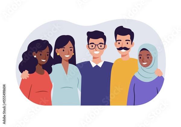 Fototapeta Five smiling individuals of diverse backgrounds are grouped together posing for a photograph or a group shot