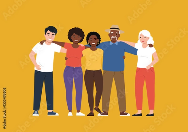 Fototapeta Five diverse people stand shoulder to shoulder smiling against a yellow background