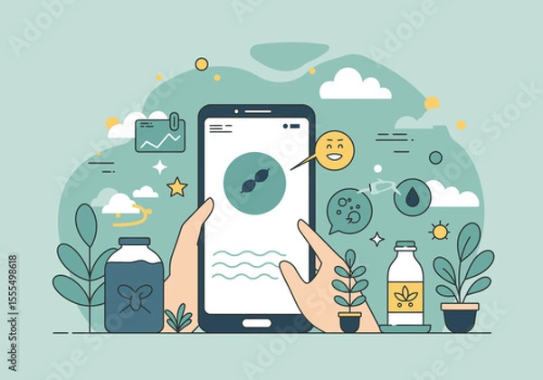 Fototapeta Hands hold phone with plant icon flanked by bottles pots clouds  floating icons on a muted green background