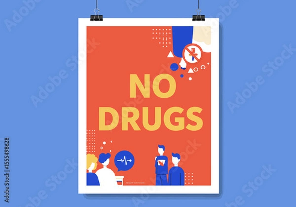 Fototapeta Poster on a blue wall reads NO DRUGS in yellow It has geometric shapes a syringe with a line through it and people