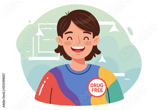 Fototapeta Smiling figure with a DrugFree badge colorful shirt and stylized design