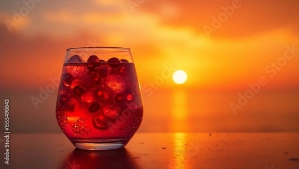 Fototapeta Red Drink Sunset Ocean View Ice Cubes Glass image