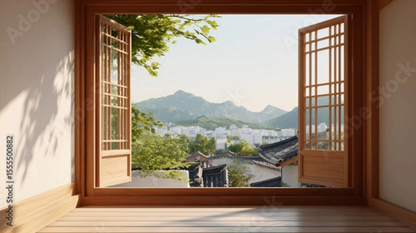 Fototapeta view from the window of a house, traditional house, Hanok, Korea