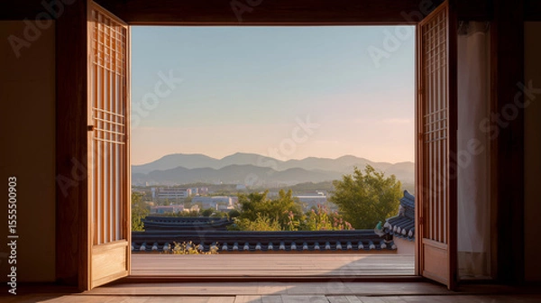 Fototapeta view from the window of a house, traditional house, Hanok, Korea