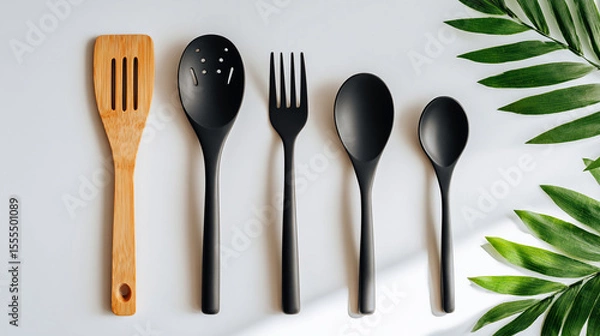 Obraz Kitchen Utensils Flat Lay with Green Leaves