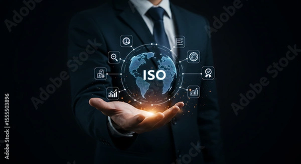 Obraz Man in suit holding iso globe with icons representing global standards and quality management system