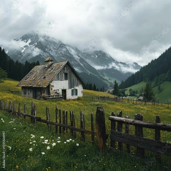Fototapeta Alpine meadow hut; cloudy mountain range; tranquil scenery