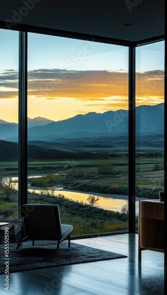 Fototapeta Modern home, valley view, sunrise, calm.  Possible use Interior design