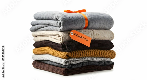 Fototapeta Stack of knitted sweaters and blankets ready for donation