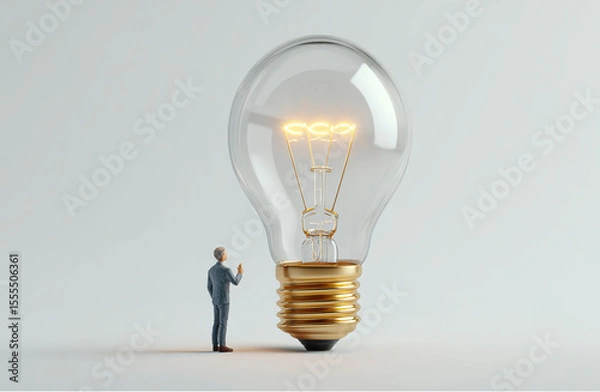 Obraz ひらめきを得るミニチュアビジネスマンと巨大な電球のコンセプト写真