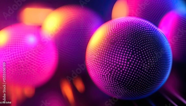 Fototapeta Abstract spheres, vibrant colors, glowing particles, futuristic background.  Possible use Wallpaper
