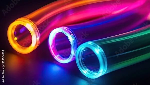 Fototapeta Colorful glowing tubes on dark background.  Abstract art. Possible use  Technology