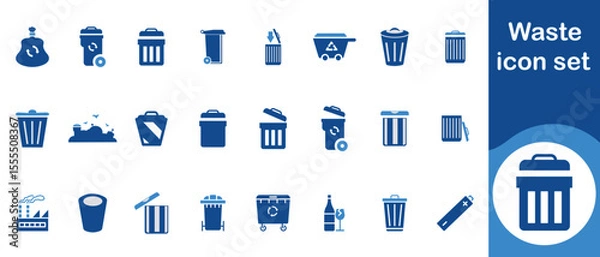 Fototapeta Waste icon set, shredder, pollution water analysis, medical, radioactive, pollution, excavator, biohazard drum, warning, solid, collection, green energy and more
