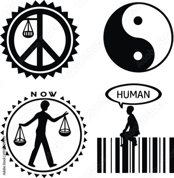 Fototapeta Black and white vector icon set with symbols for business, justice, people, sport, and web design