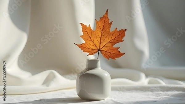 Fototapeta Autumn Still Life A Single Orange Maple Leaf in a White Vase