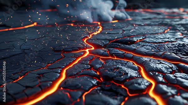Fototapeta Molten Lava Cracks with Fiery Glow, Volcanic Texture