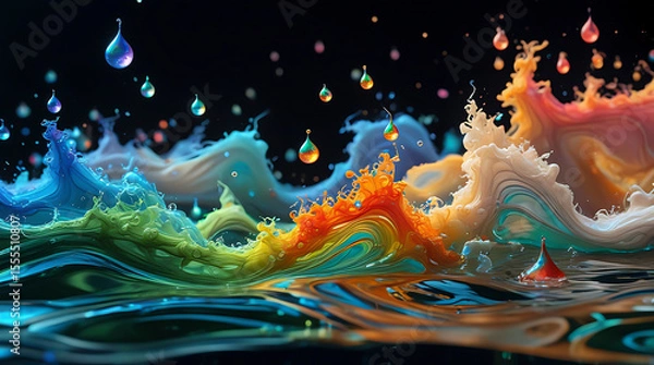 Fototapeta Vibrant Iridescent Water Waves and Splashes, Colorful Liquid Motion