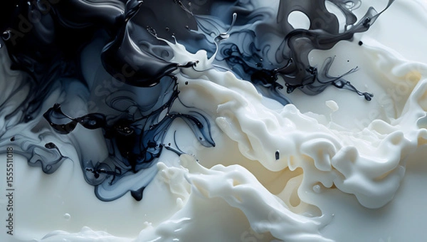 Fototapeta Black Ink Mixing in White Liquid, Abstract Monochromatic Fluid