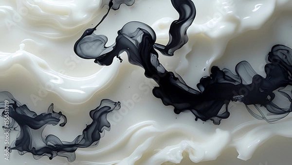 Fototapeta Black Ink Mixing in White Liquid, Abstract Monochromatic Fluid