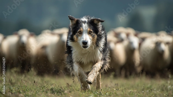 Fototapeta A border collie herding sheep in a wide open green pasture with intense focus mid-sprint motion rural landscape real photo stock photography