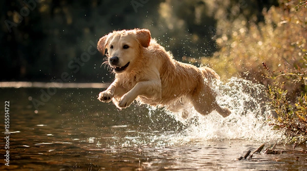 Fototapeta Golden retriever jumping into a lake with water splashing in a sunny park captured in real photo style