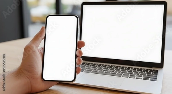 Fototapeta Close-up hand holding a smartphone with white screen is blank  and laptop with white screen. It can use for Mockup.