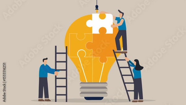 Fototapeta Teamwork and collaboration building a bright idea represented by a puzzle light bulb