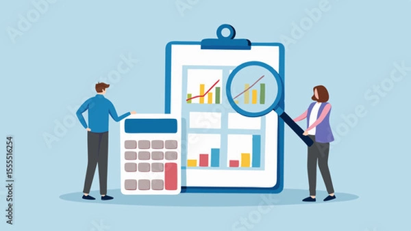 Fototapeta Business analytics team examining financial charts and data with calculator and magnifying glass