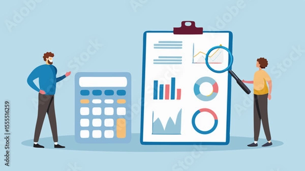 Fototapeta Two people analyze financial data and charts on a clipboard with a calculator nearby
