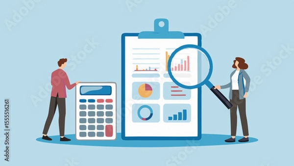 Fototapeta Business professionals analyze financial data and reports with a calculator and magnifying glass