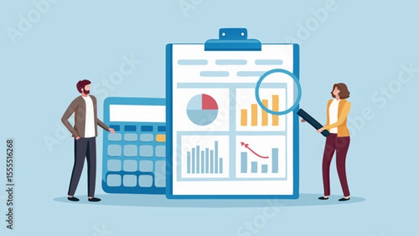 Fototapeta Business professionals analyzing financial data and charts with a calculator and magnifying glass