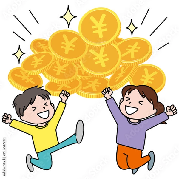 Fototapeta お金を獲得して飛び上がって喜ぶ男女